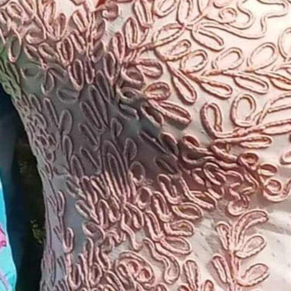 Size 12 champagne with pink lace prom dress